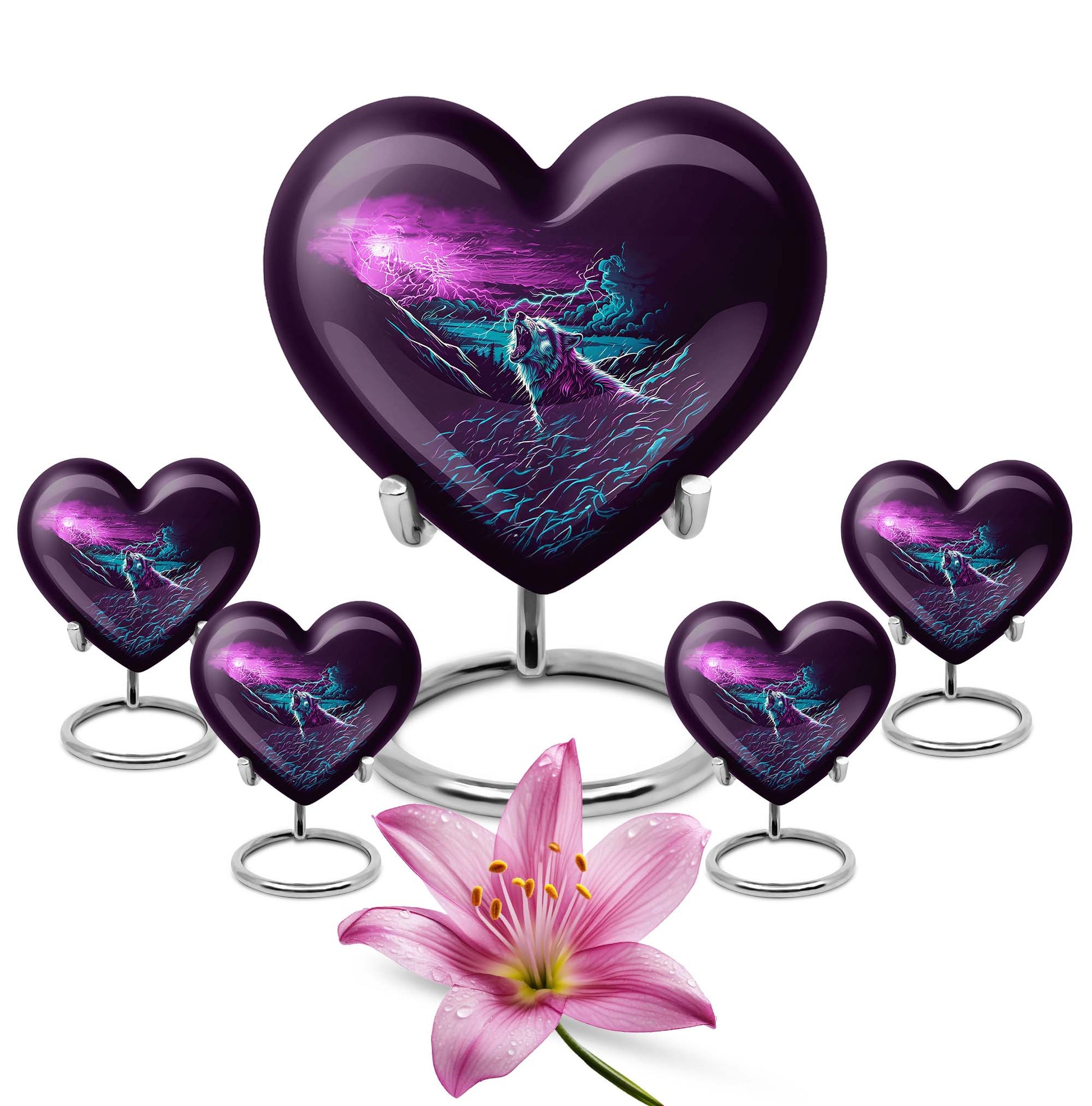 Wolf-themed heart aluminium urn for ashes