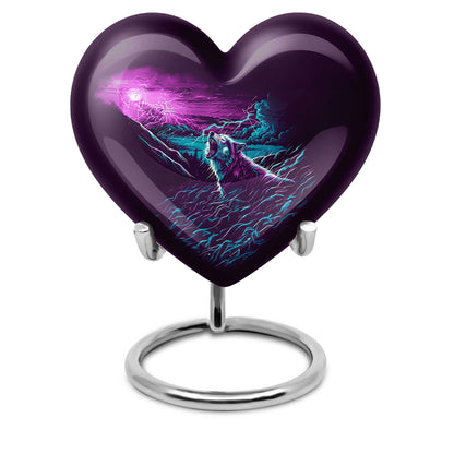 Wolf-themed heart aluminium urn for ashes