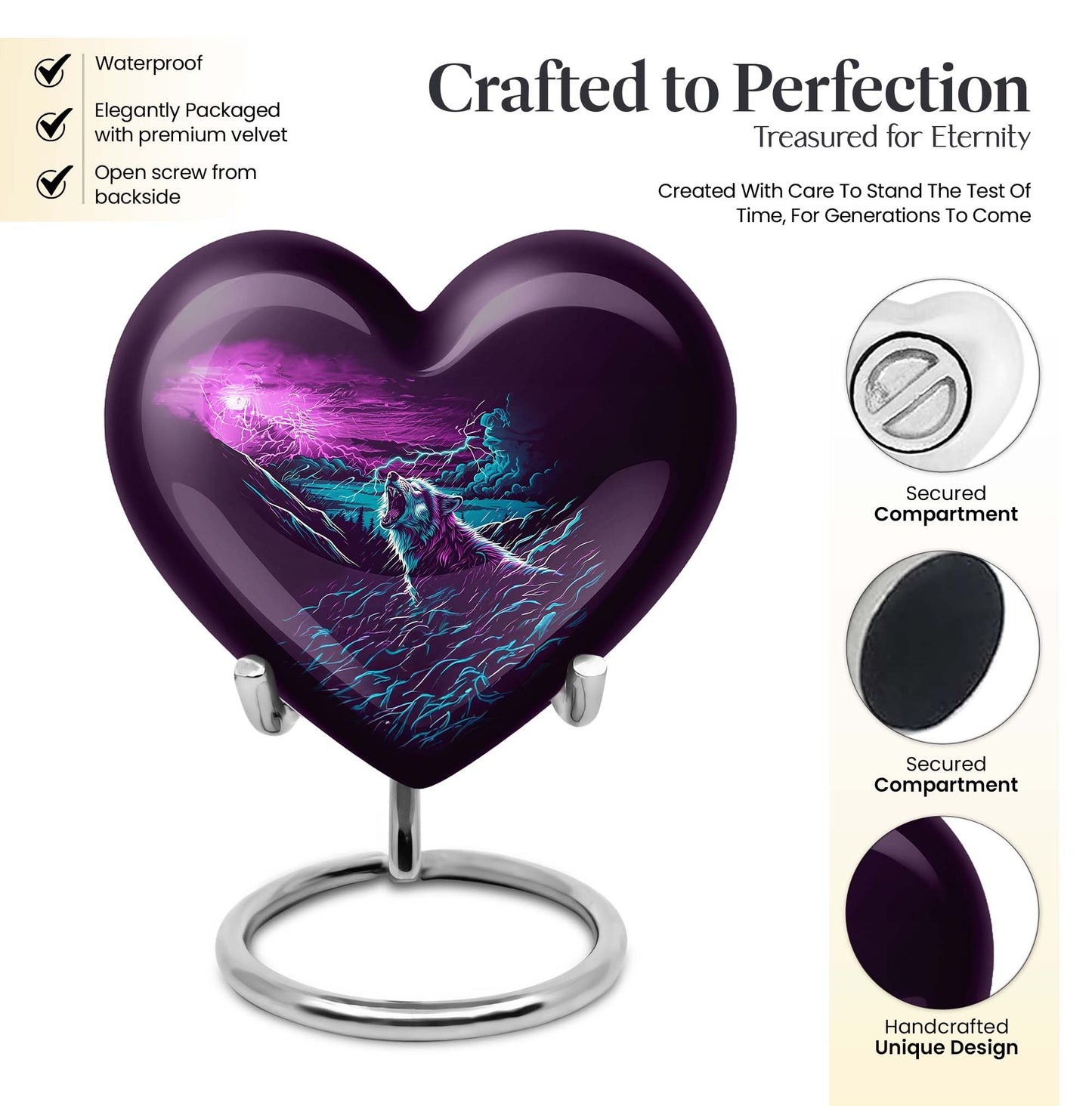 Wolf-themed heart aluminium urn for ashes