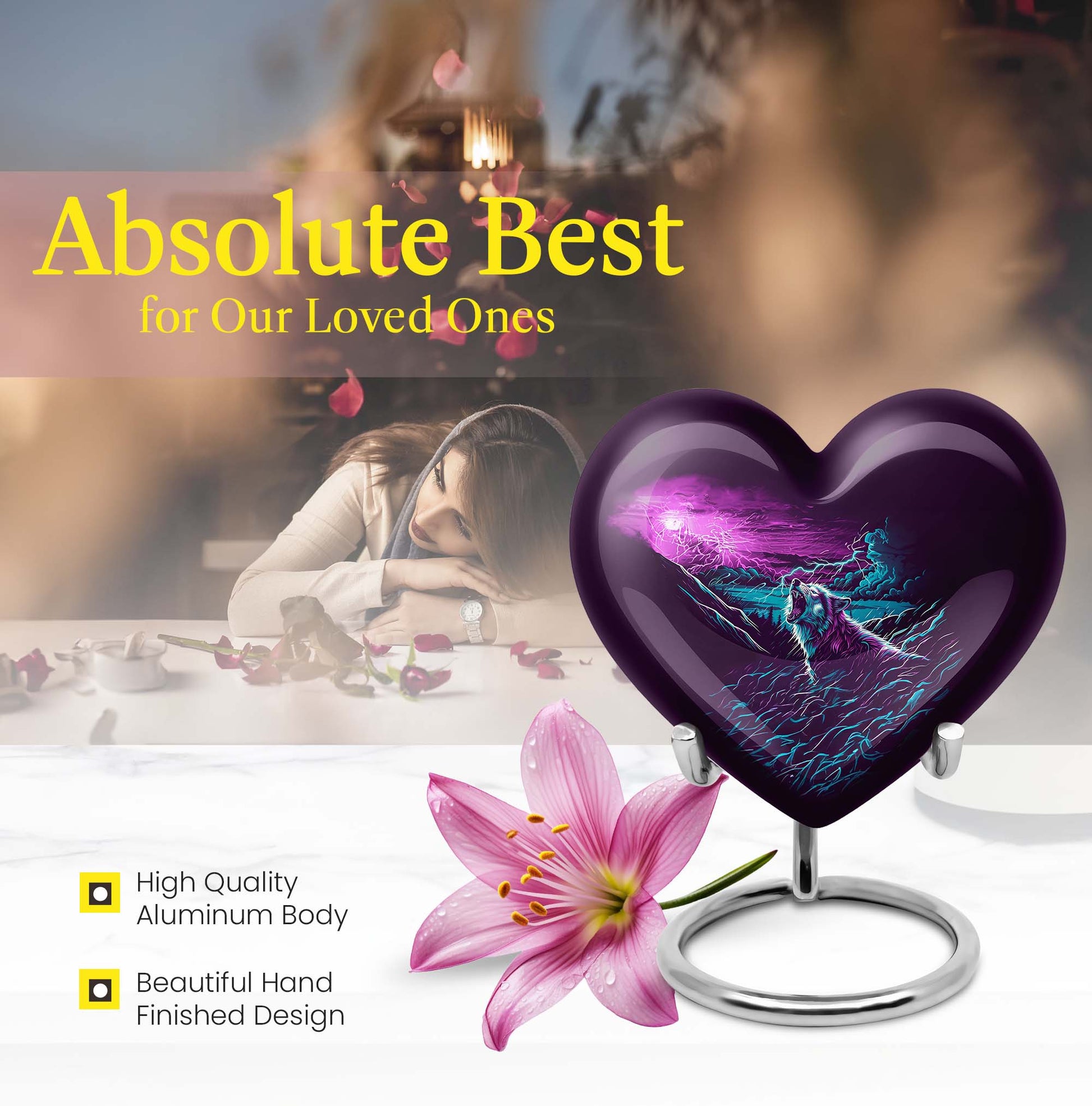 Wolf-themed heart aluminium urn for ashes