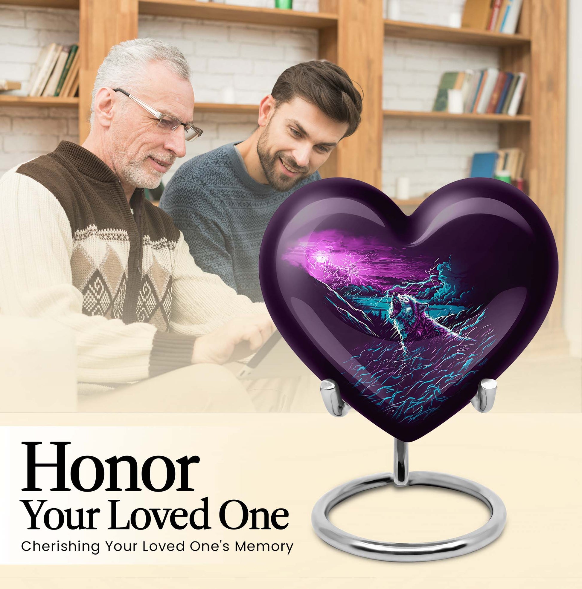 Wolf-themed heart aluminium urn for ashes