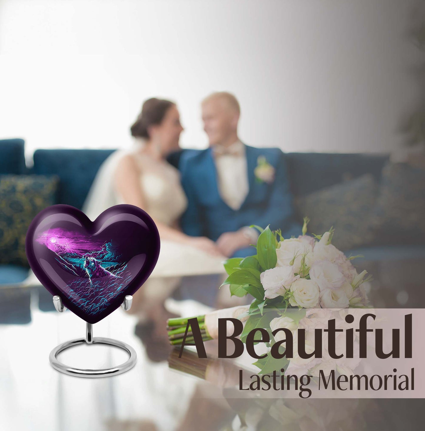 Wolf-themed heart aluminium urn for ashes