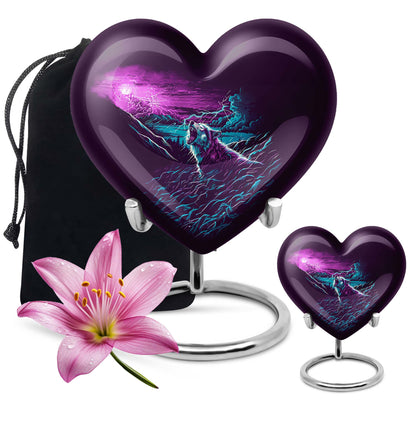 Wolf-themed heart aluminium urn for ashes