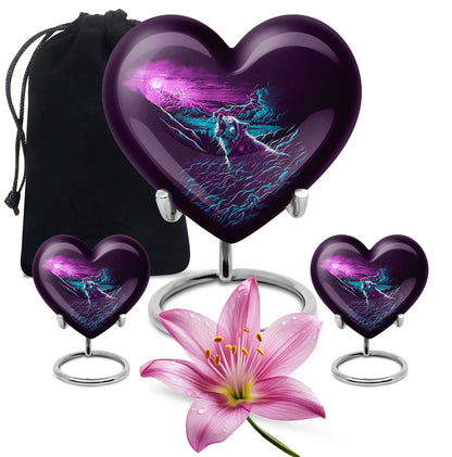 Wolf-themed heart aluminium urn for ashes