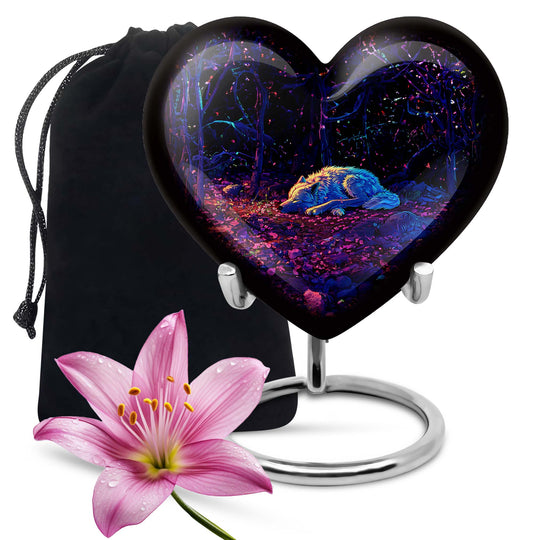Heart-shaped 10-inch wolf urn, large aluminum cremation urn for adult ashes with customization option