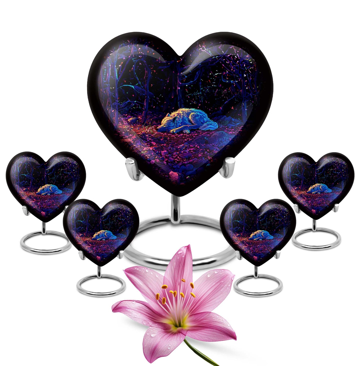 Heart-shaped 10-inch wolf urn, large aluminum cremation urn for adult ashes with customization option