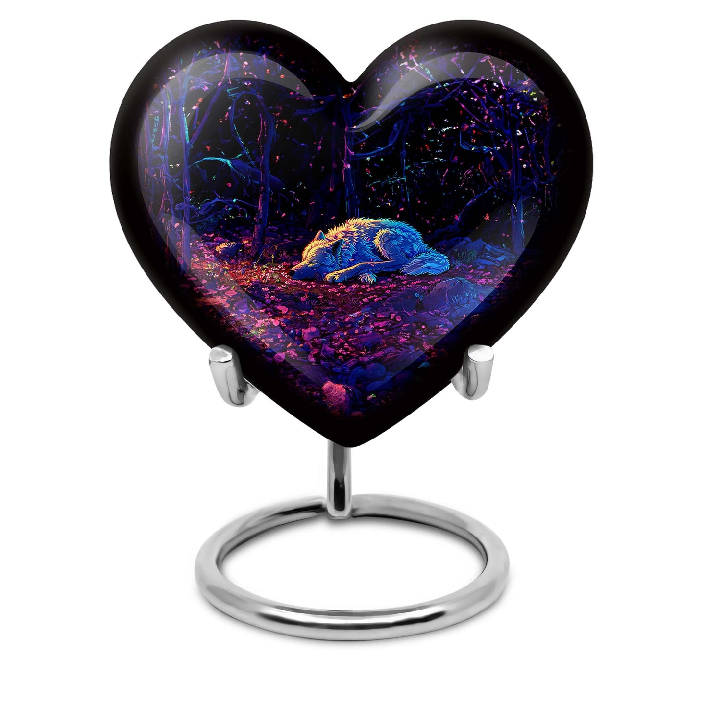 Heart-shaped 10-inch wolf urn, large aluminum cremation urn for adult ashes with customization option