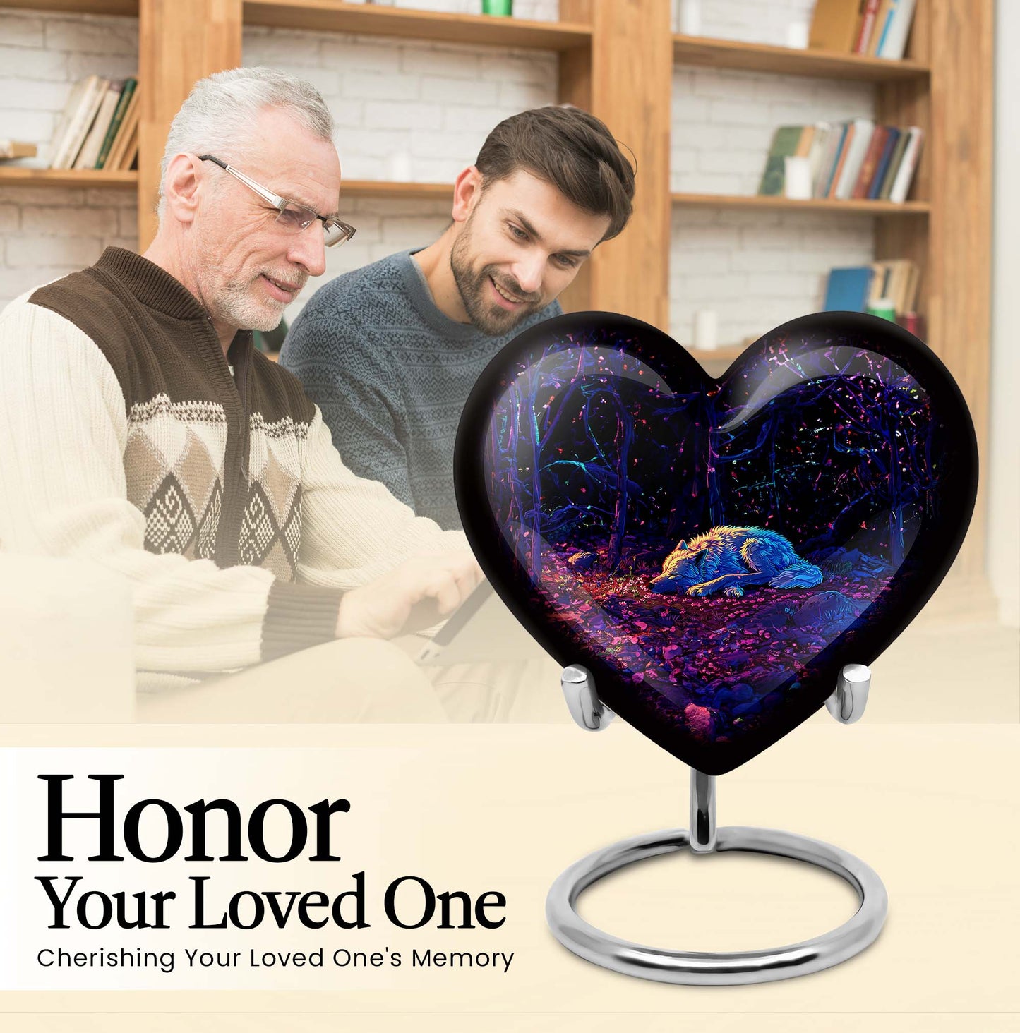 Heart-shaped 10-inch wolf urn, large aluminum cremation urn for adult ashes with customization option