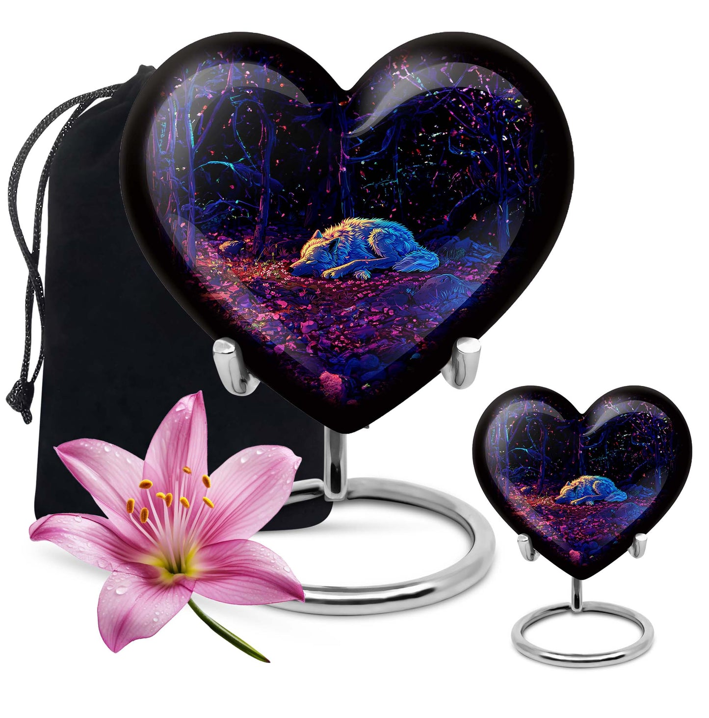 Heart-shaped 10-inch wolf urn, large aluminum cremation urn for adult ashes with customization option