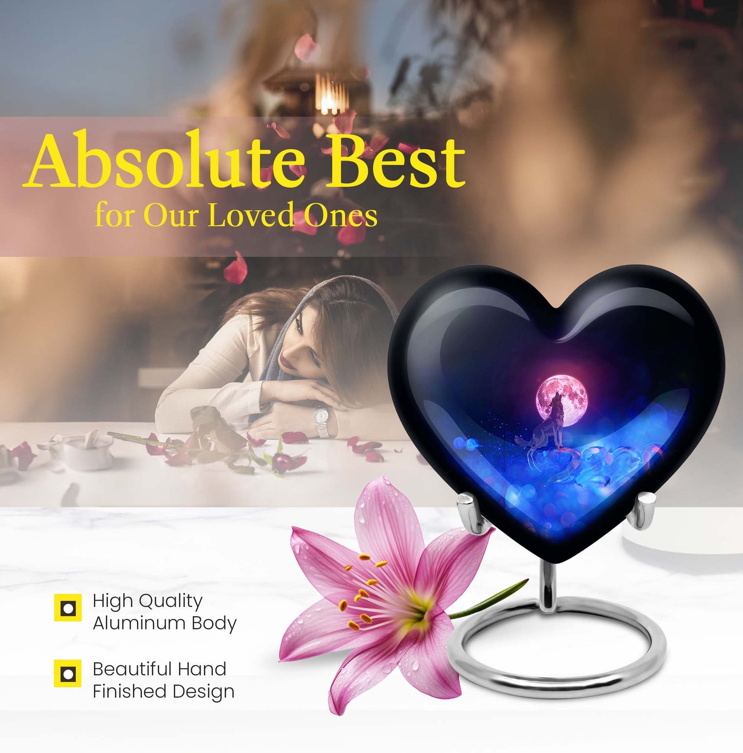 10-inch heart-shaped wolf urn, aluminium funeral cremation urns for women