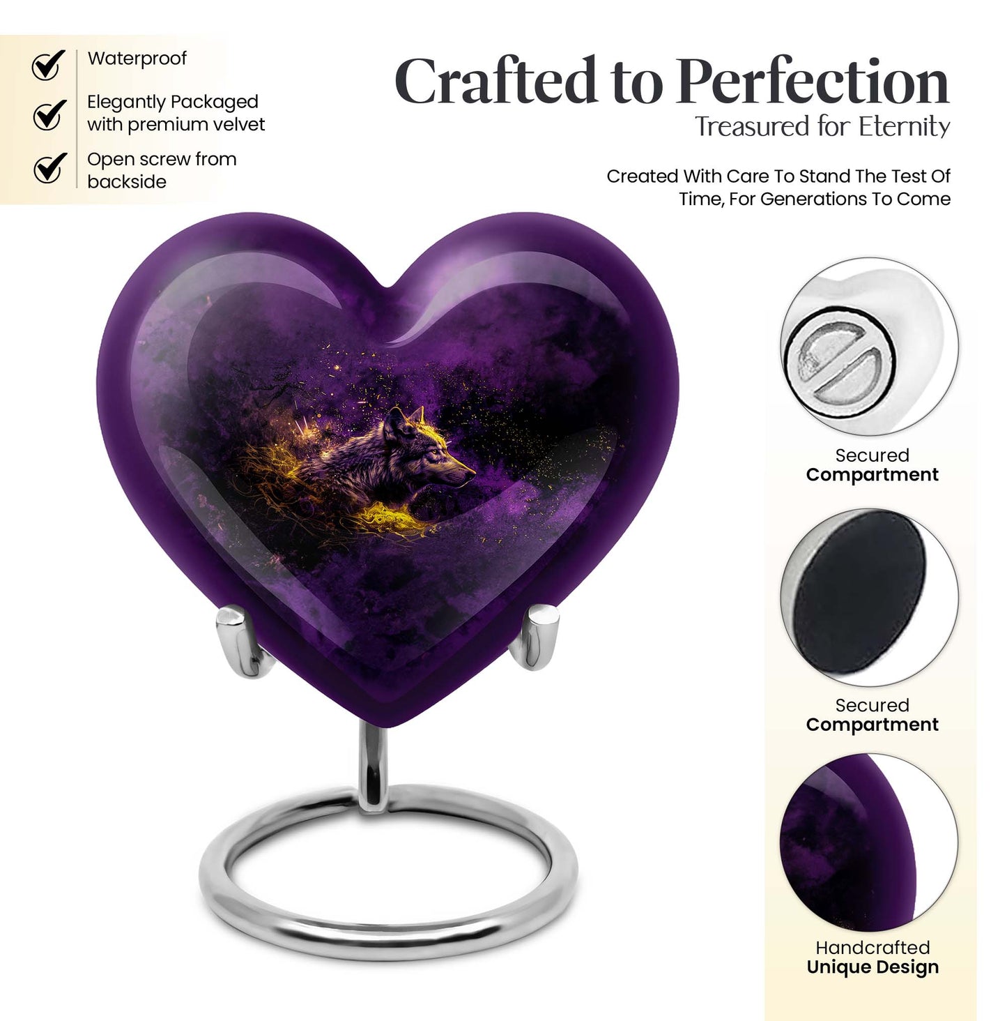 10-inch heart-shaped wolf urn