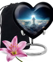 Heart-shaped Jesus Urn made of aluminium for adult human ashes, included velvet pouch