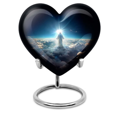 Heart-shaped Jesus Urn made of aluminium for adult human ashes, included velvet pouch