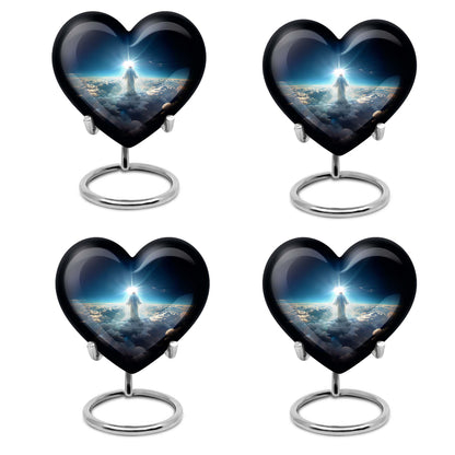 Heart-shaped Jesus Urn made of aluminium for adult human ashes, included velvet pouch