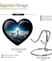 Heart-shaped Jesus Urn made of aluminium for adult human ashes, included velvet pouch