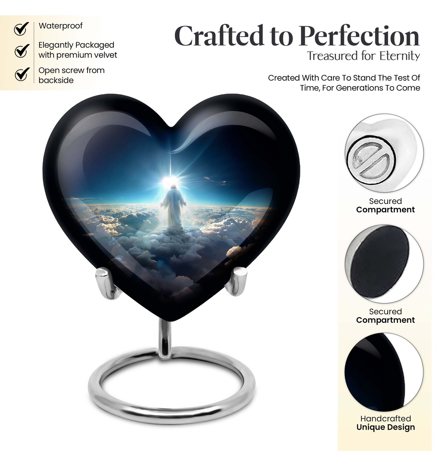 Heart-shaped Jesus Urn made of aluminium for adult human ashes, included velvet pouch