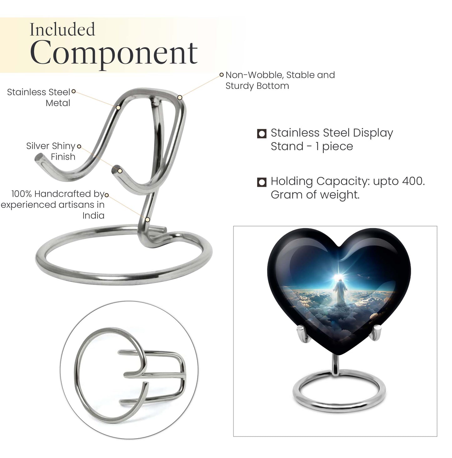 Heart-shaped Jesus Urn made of aluminium for adult human ashes, included velvet pouch