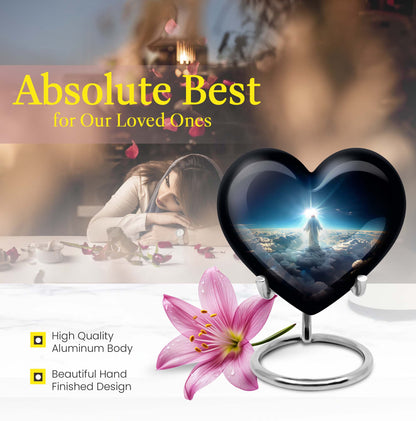 Heart-shaped Jesus Urn made of aluminium for adult human ashes, included velvet pouch