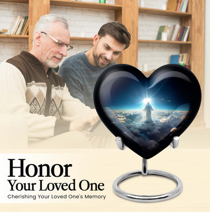 Heart-shaped Jesus Urn made of aluminium for adult human ashes, included velvet pouch