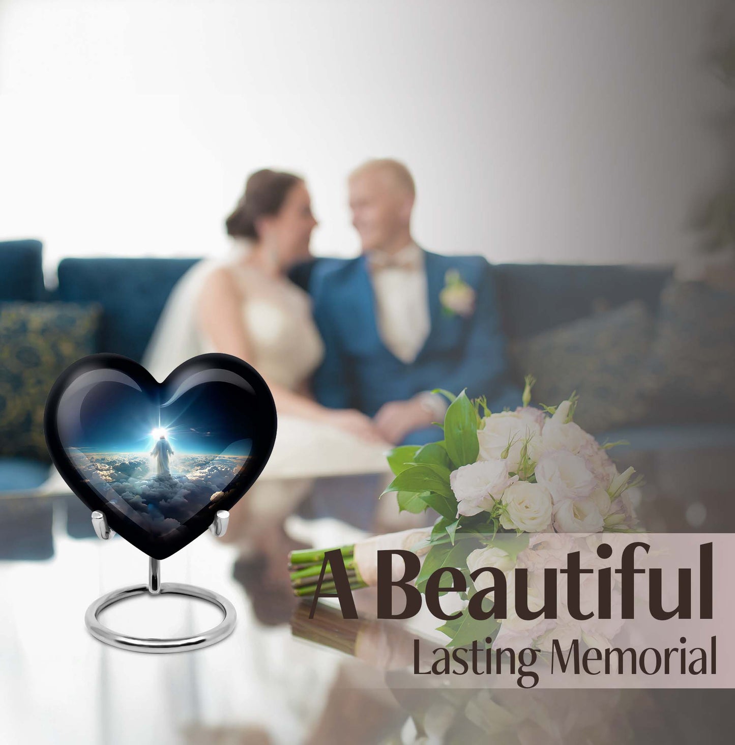 Heart-shaped Jesus Urn made of aluminium for adult human ashes, included velvet pouch