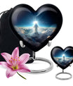 Heart-shaped Jesus Urn made of aluminium for adult human ashes, included velvet pouch