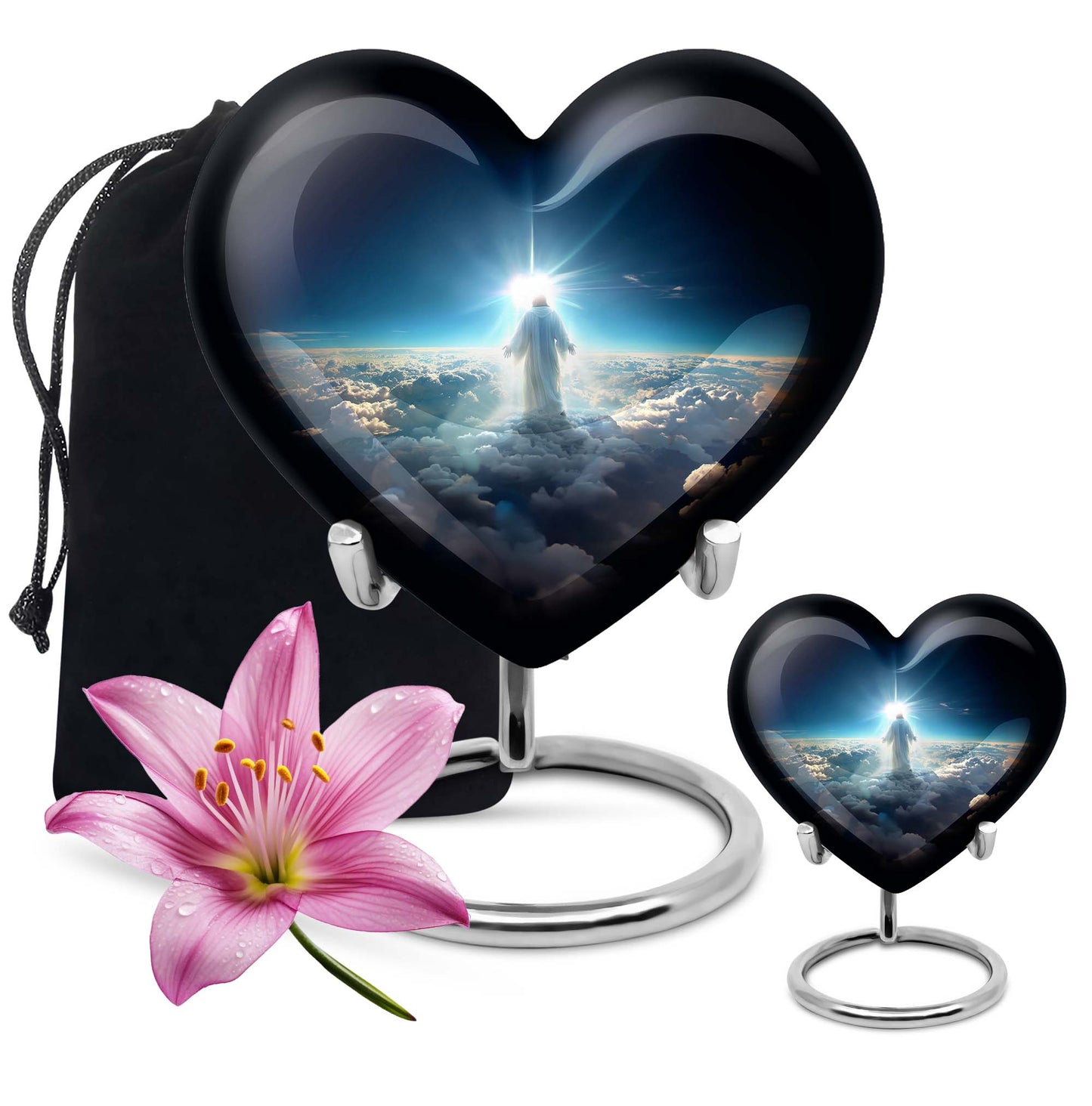 Heart-shaped Jesus Urn made of aluminium for adult human ashes, included velvet pouch