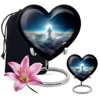 Heart-shaped Jesus Urn made of aluminium for adult human ashes, included velvet pouch