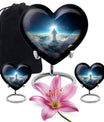 Heart-shaped Jesus Urn made of aluminium for adult human ashes, included velvet pouch