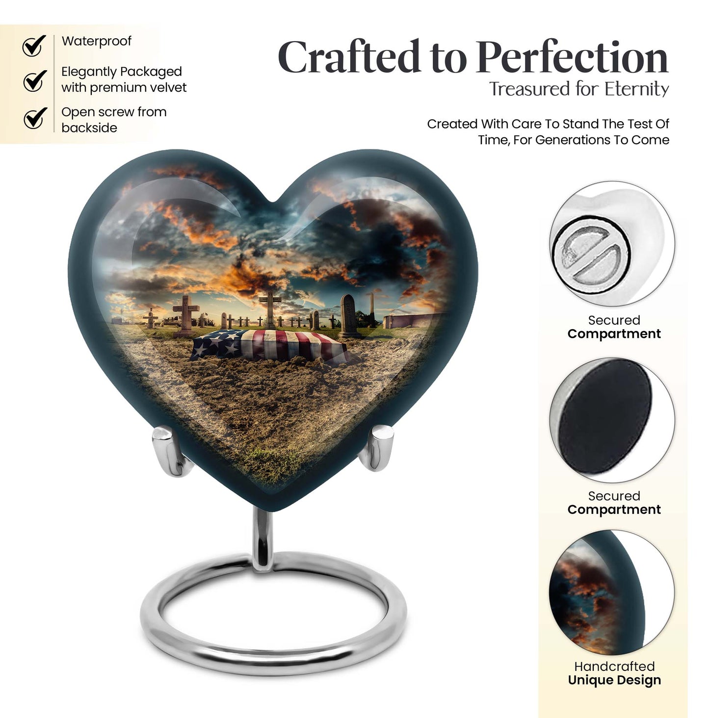 10-inch military heart urn, customizable aluminium memorial urn for adult male