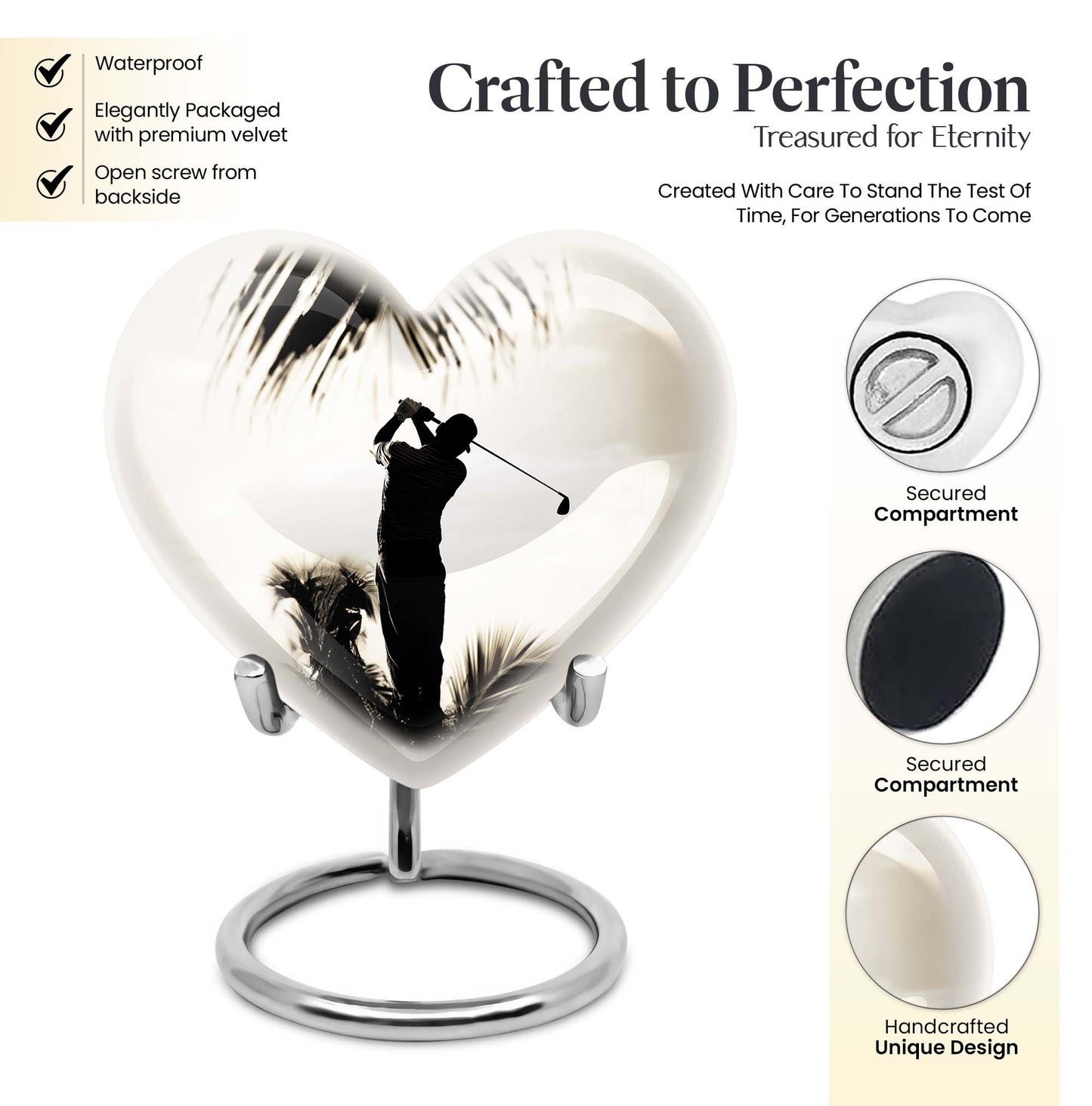 Heart-shaped 10-inch golf urn, personalised aluminium memorial urns for mom