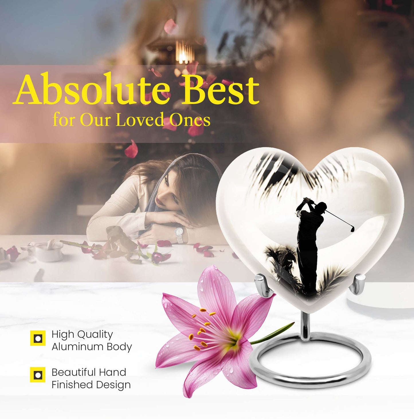 Heart-shaped 10-inch golf urn, personalised aluminium memorial urns for mom