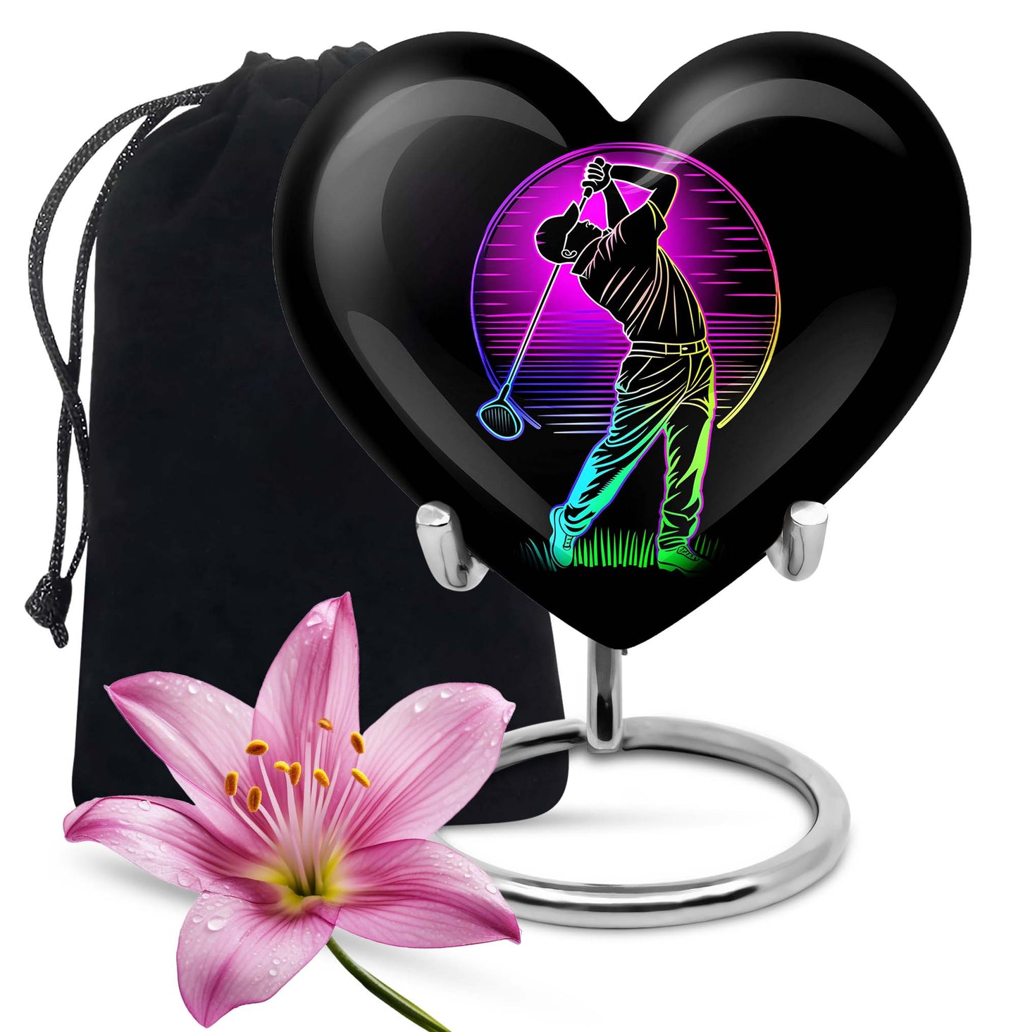 10 inch aluminium heart abstract golf urn, customizable large urn for ashes with velvet pouch