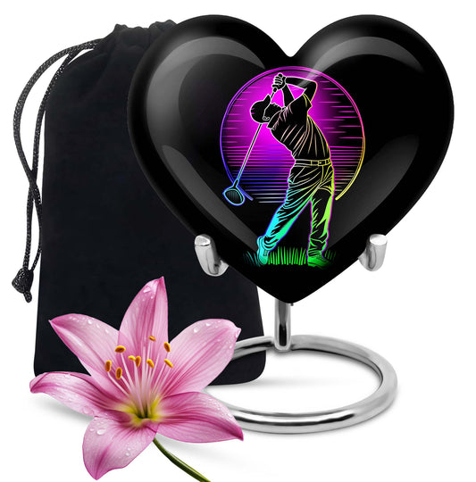 10 inch aluminium heart abstract golf urn, customizable large urn for ashes with velvet pouch