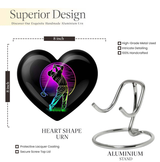 10 inch aluminium heart abstract golf urn, customizable large urn for ashes with velvet pouch