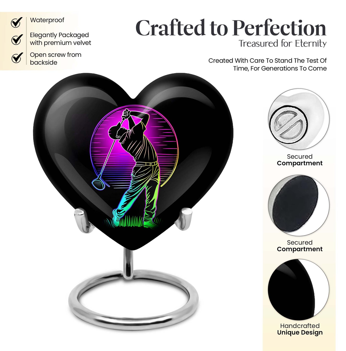 10 inch aluminium heart abstract golf urn, customizable large urn for ashes with velvet pouch