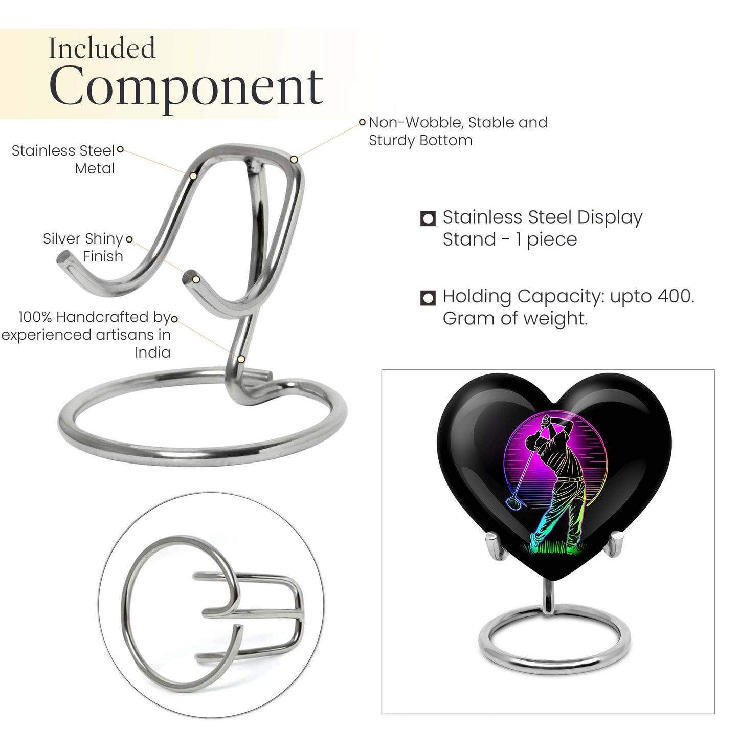 10 inch aluminium heart abstract golf urn, customizable large urn for ashes with velvet pouch