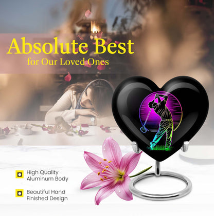 10 inch aluminium heart abstract golf urn, customizable large urn for ashes with velvet pouch