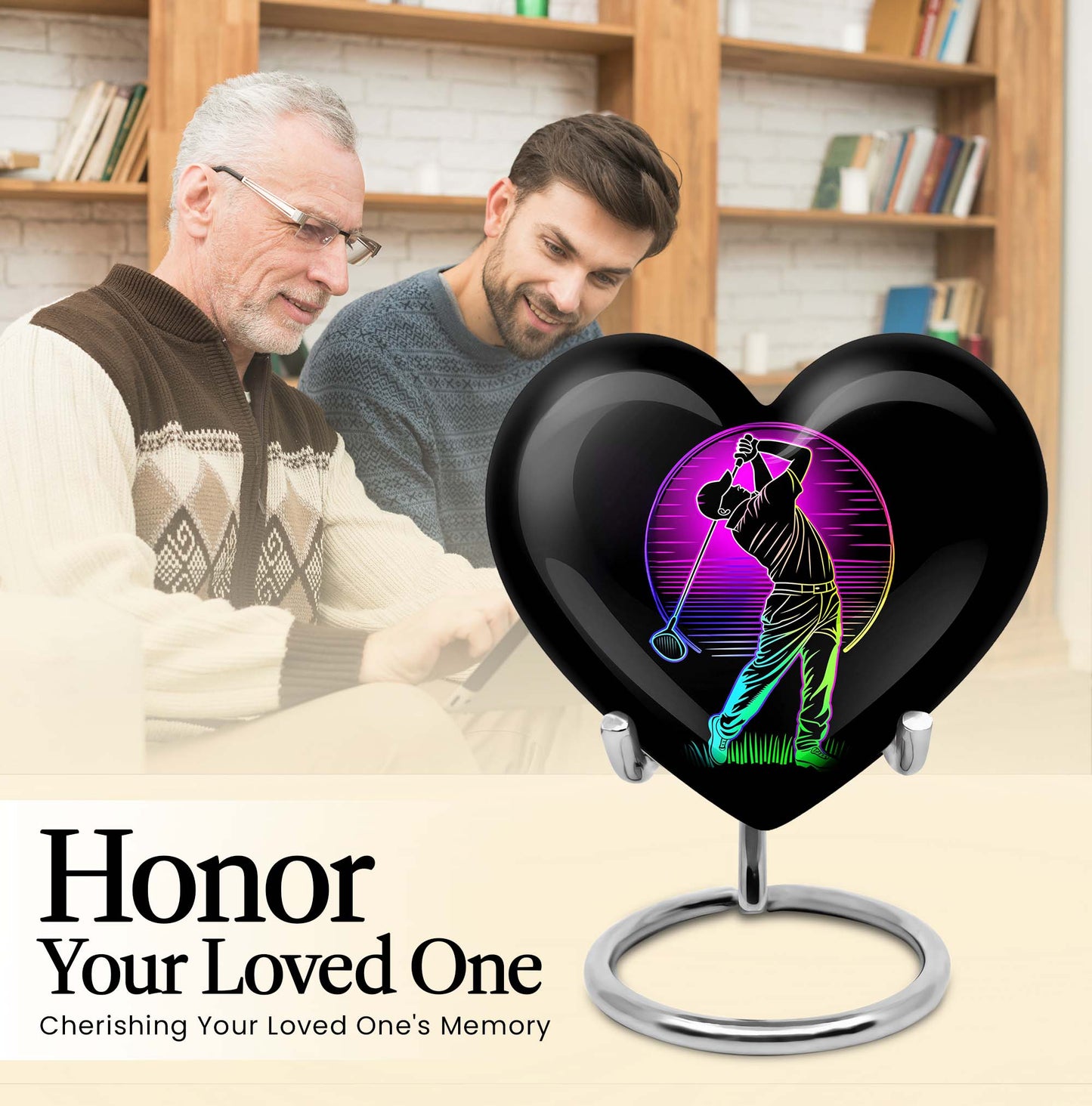 10 inch aluminium heart abstract golf urn, customizable large urn for ashes with velvet pouch