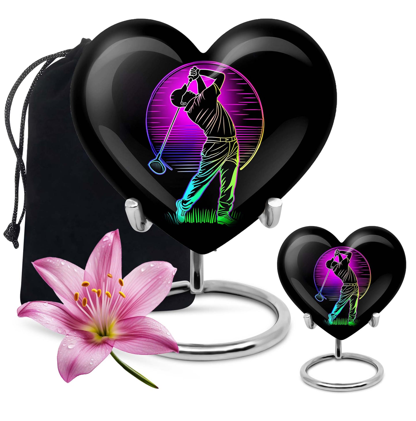 10 inch aluminium heart abstract golf urn, customizable large urn for ashes with velvet pouch