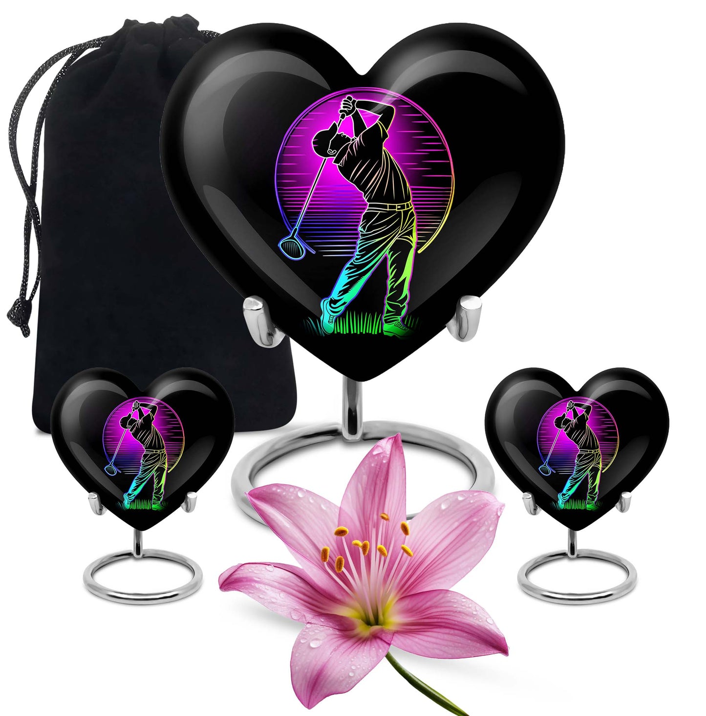 10 inch aluminium heart abstract golf urn, customizable large urn for ashes with velvet pouch