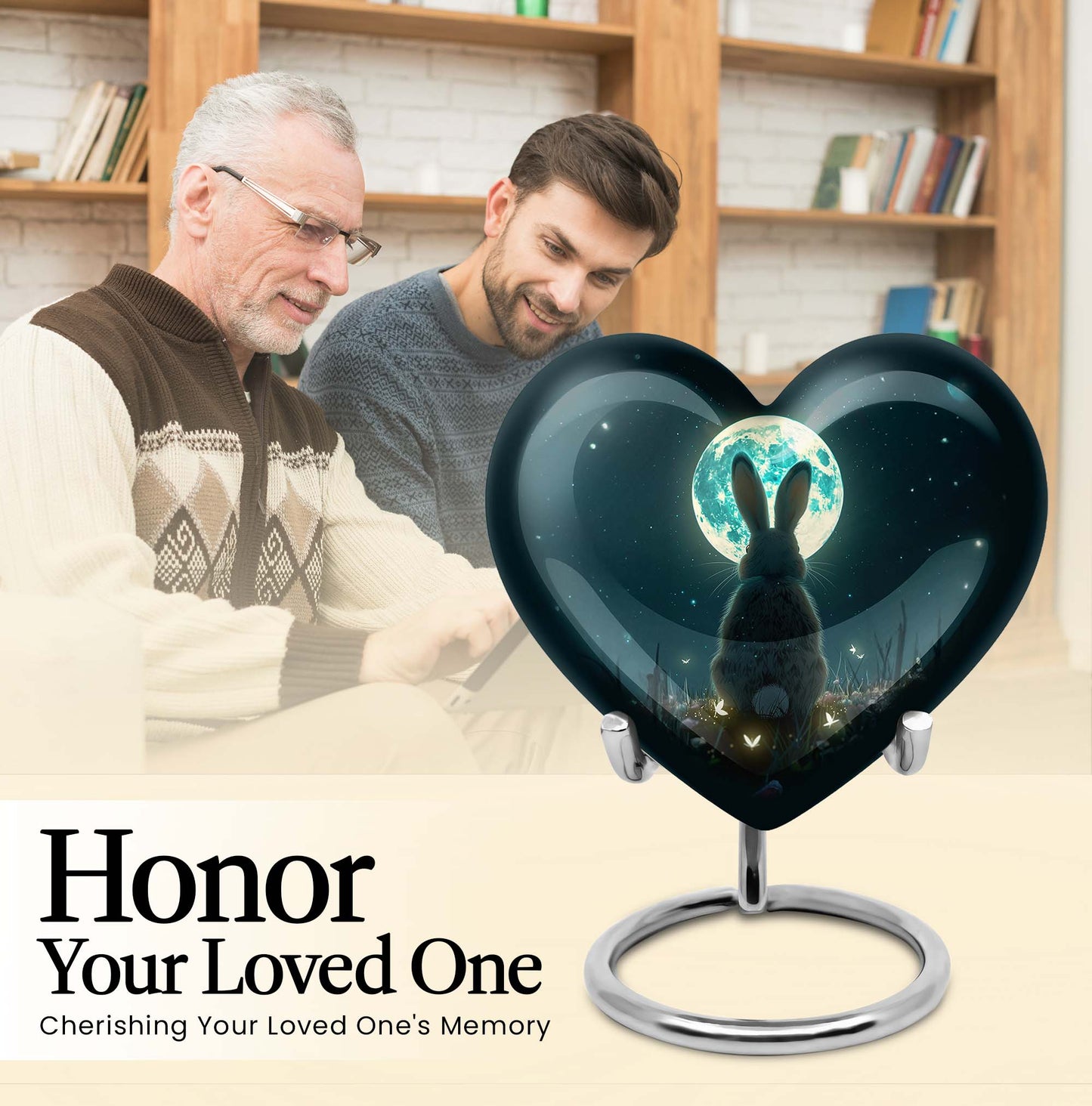 Heart-shaped white bunny moon urn.