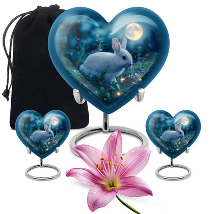White bunny moon Heart Urn, 10-inch memorial cremation urn for mom in Aluminium with engraving option