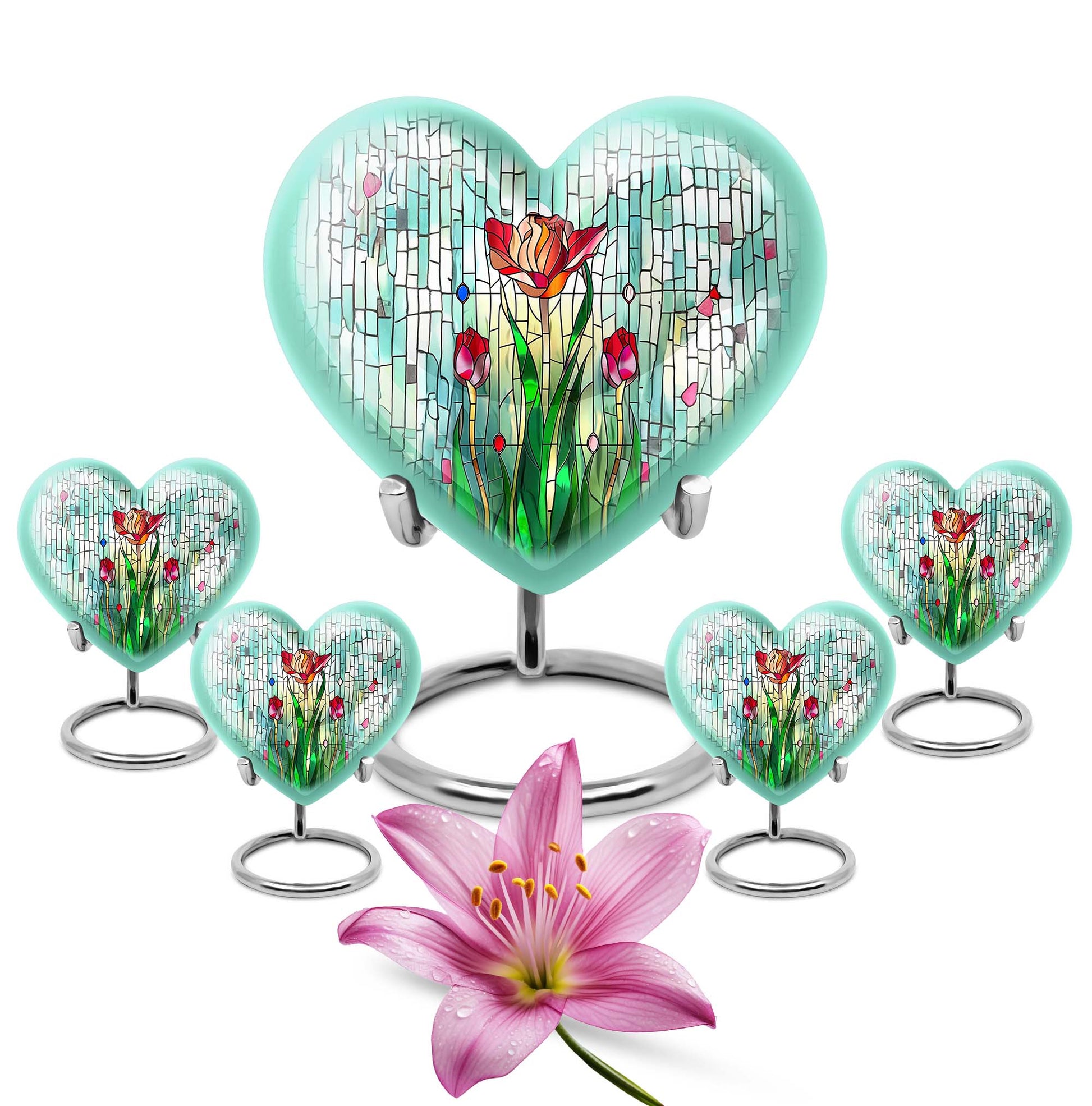 10-inch heart-shaped stained glass urn for cremation ashes, with personal engraving option