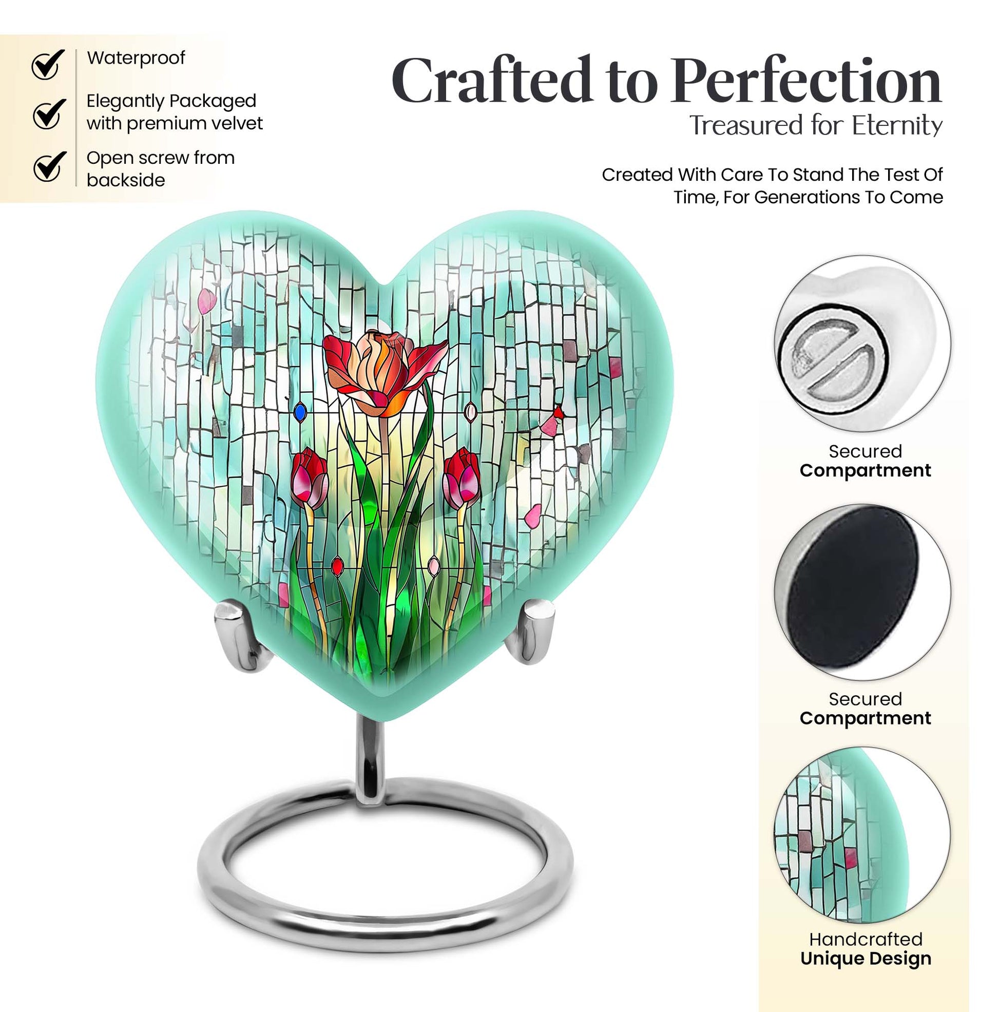 10-inch heart-shaped stained glass urn for cremation ashes, with personal engraving option