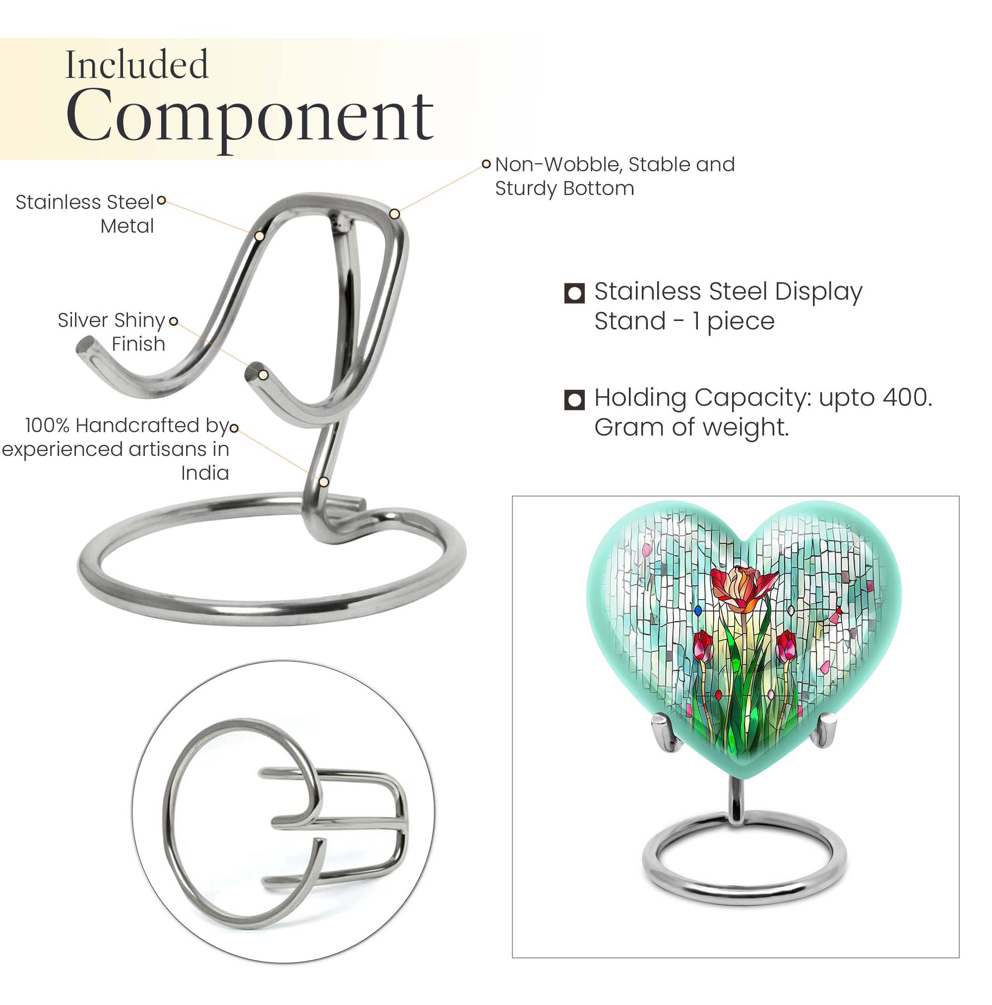 10-inch heart-shaped stained glass urn for cremation ashes, with personal engraving option