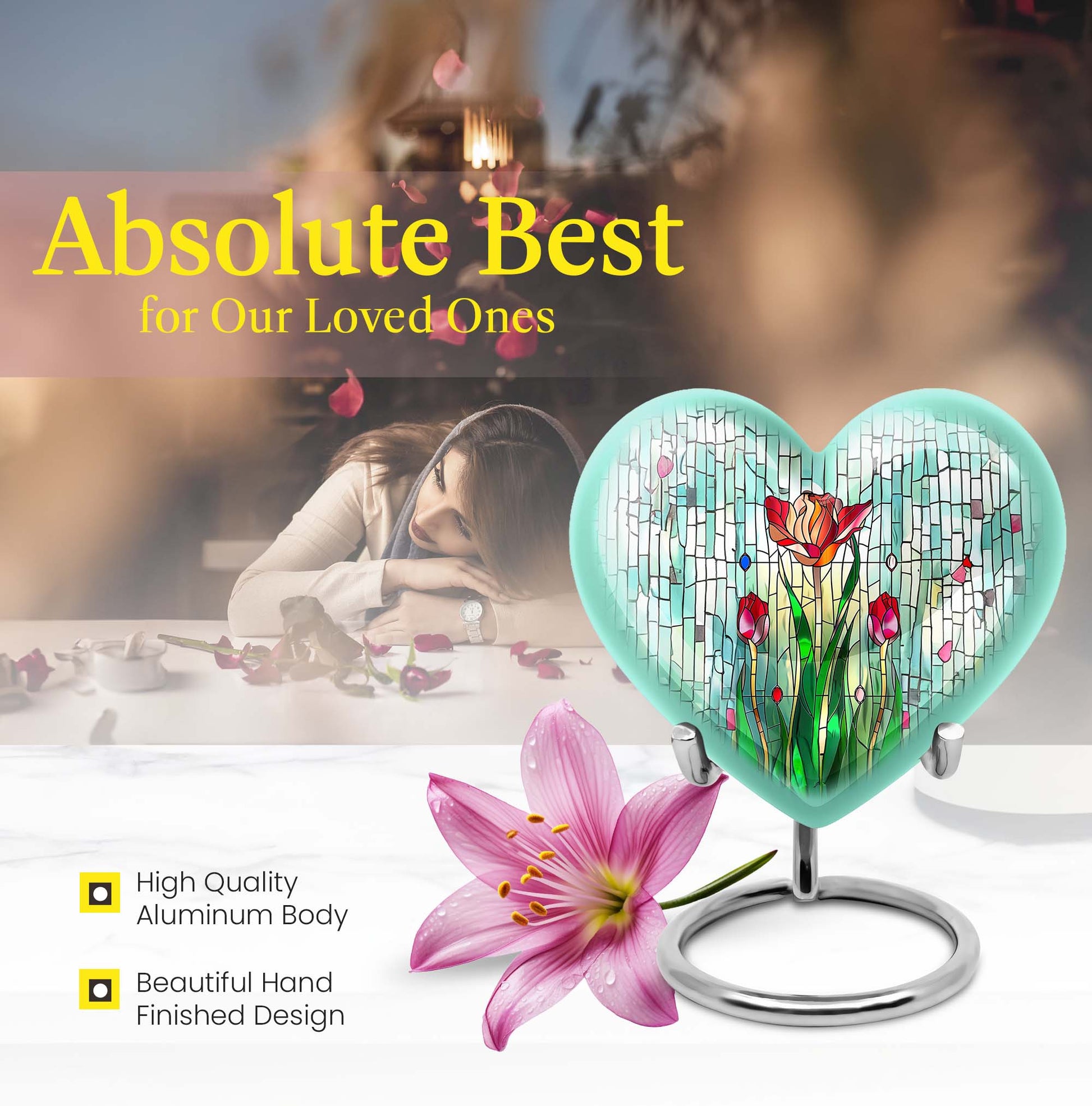 10-inch heart-shaped stained glass urn for cremation ashes, with personal engraving option