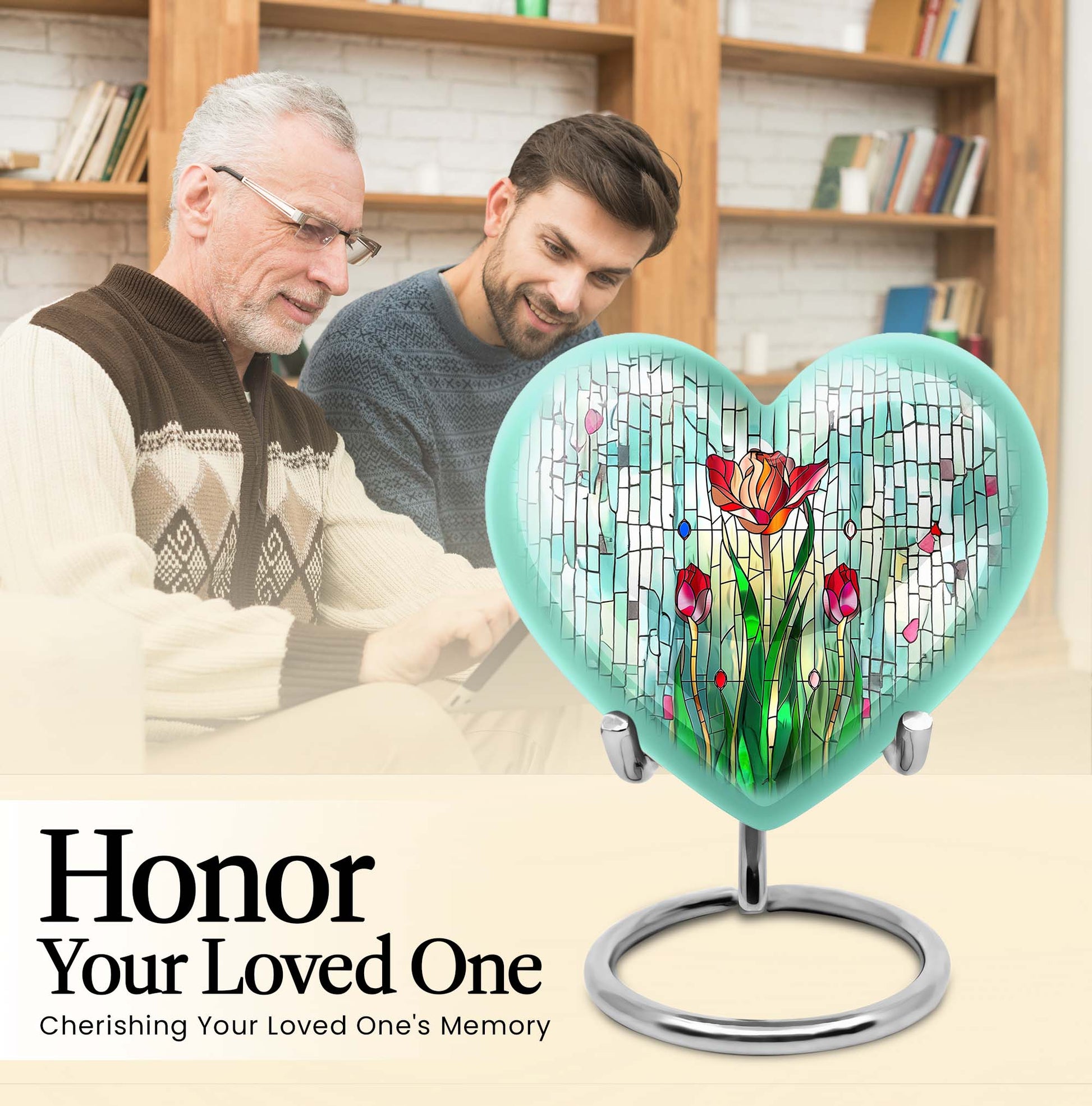 10-inch heart-shaped stained glass urn for cremation ashes, with personal engraving option