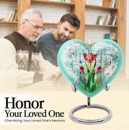 10-inch heart-shaped stained glass urn for cremation ashes, with personal engraving option