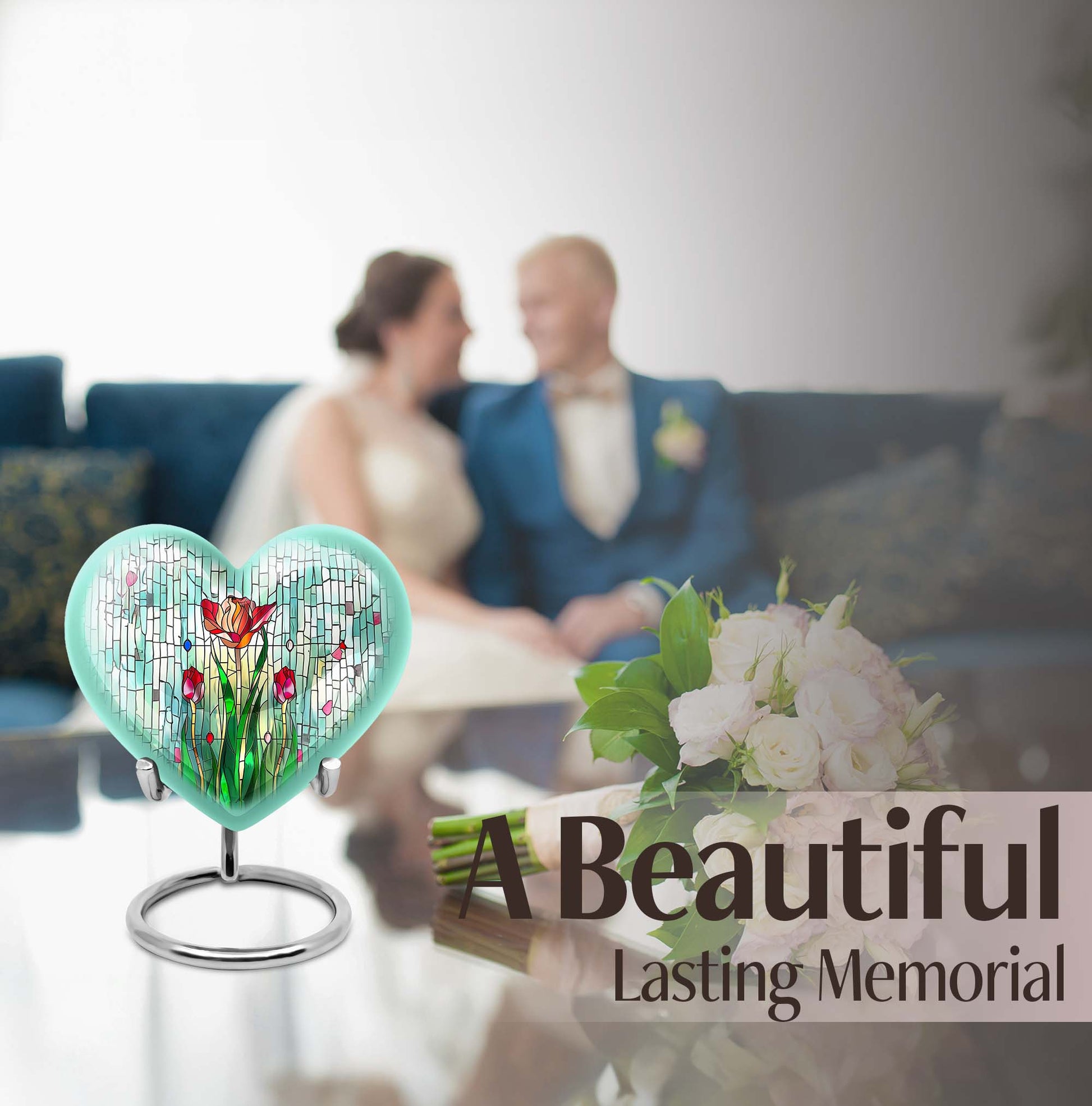 10-inch heart-shaped stained glass urn for cremation ashes, with personal engraving option