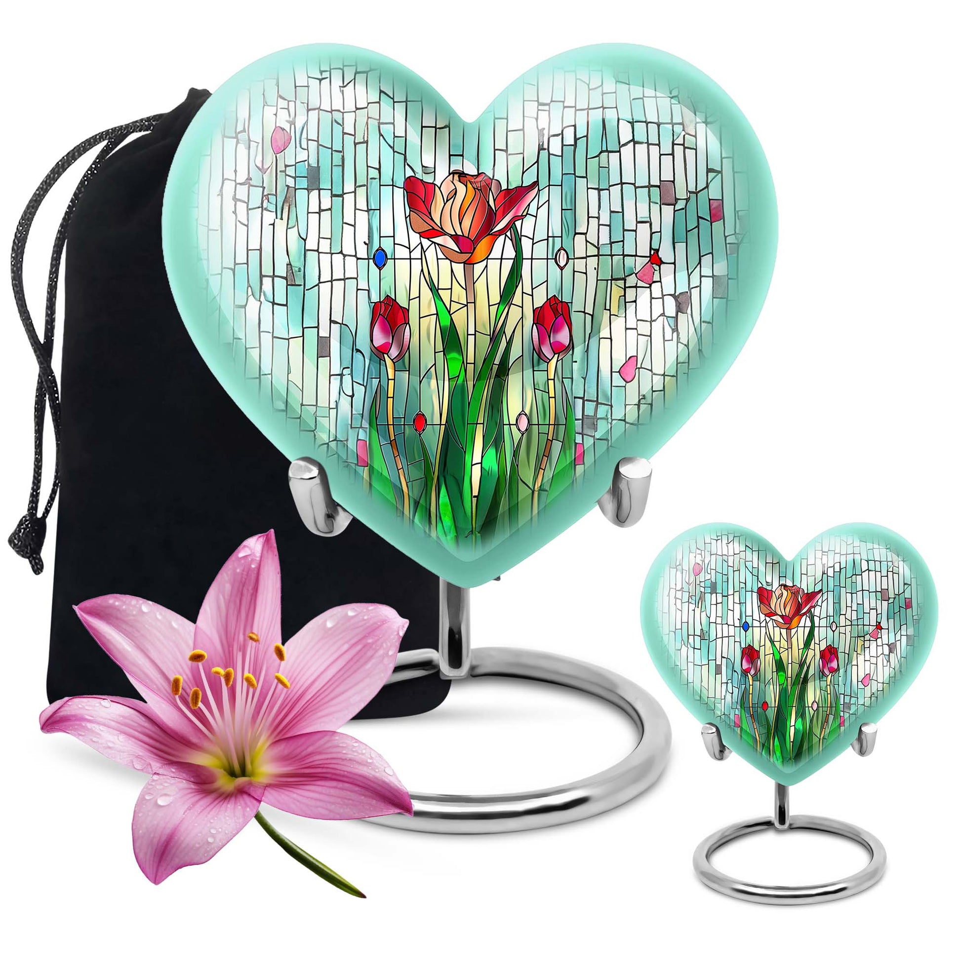 10-inch heart-shaped stained glass urn for cremation ashes, with personal engraving option